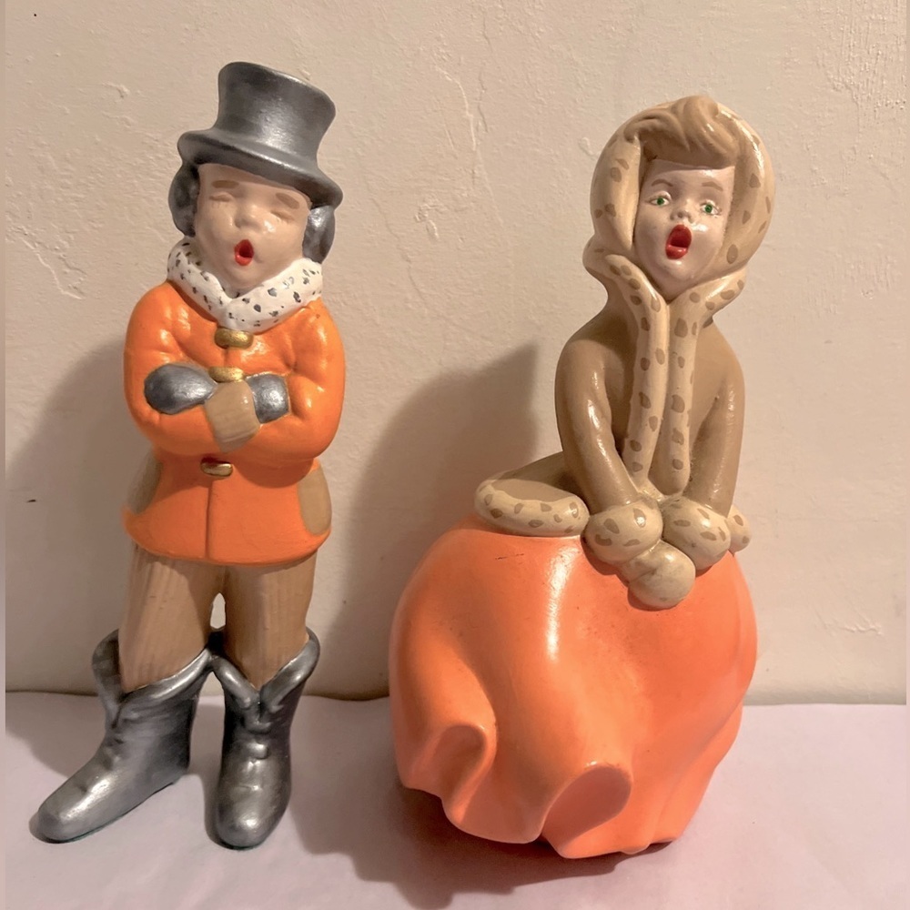 Vintage 1975 Atlantic Mold Ceramic Hand Painted Victorian Carolers 8’ Set of 2